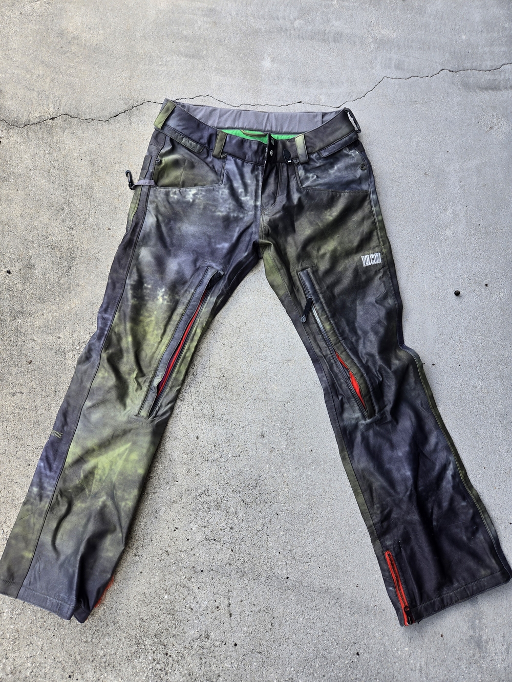 Men's Black and Green Utility Pants with Red Accents